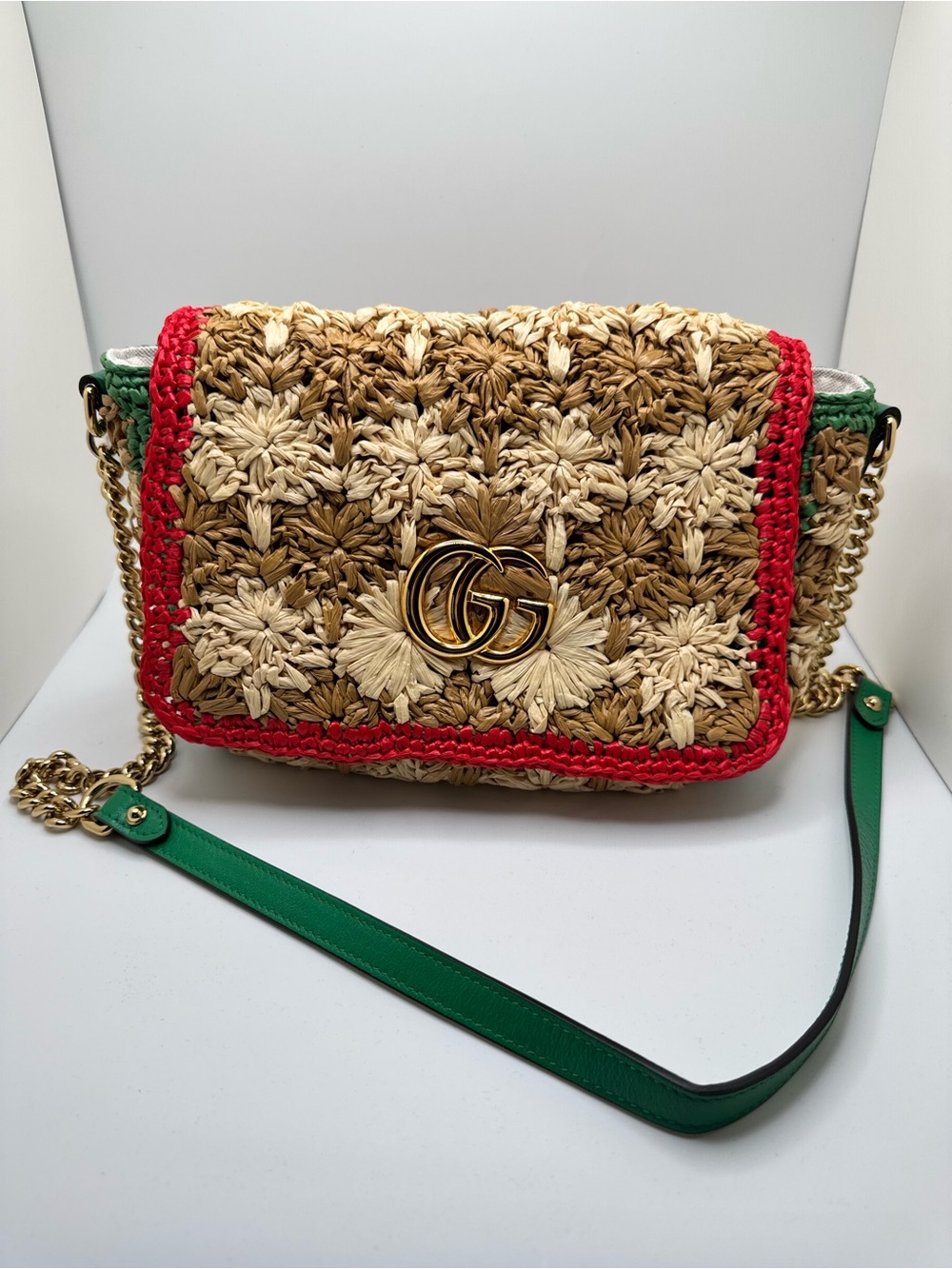 Gucci GG Marmont Flap Raffia Chain Shoulder Bag - Picture 2 of 11